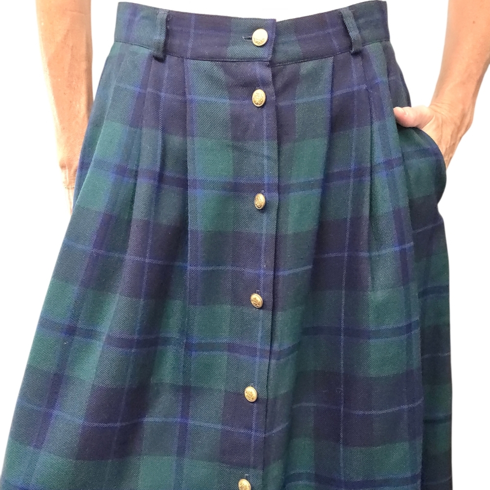 Vintage 90s Plaid Wool Midi Skirt Size 12 Green Tartan Button Front - Picture 6 of 11